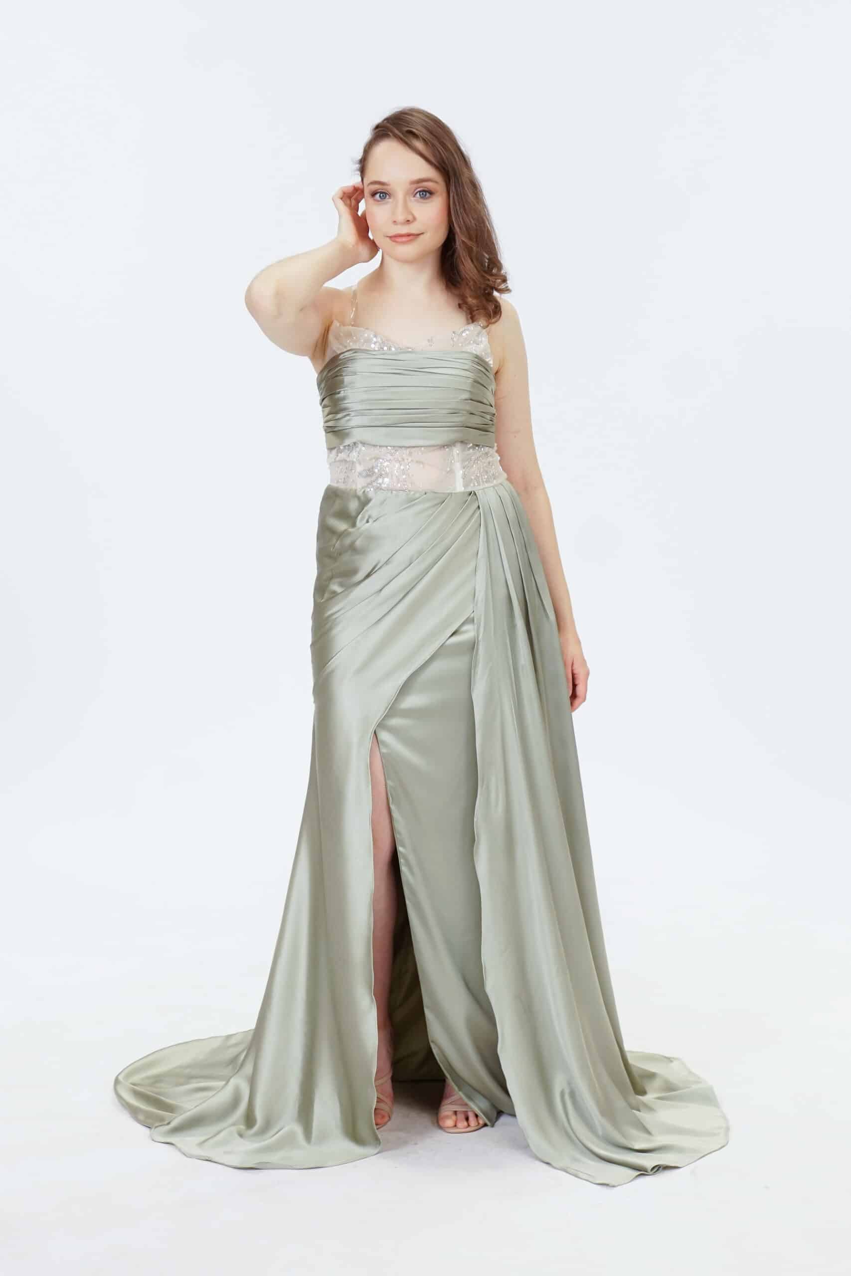 Sage green formal dress with handmade rhinestone lace bodice and high leg slit