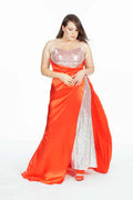 Model wearing hot red semi-sequin gown with rose gold sequined bodice and sweetheart neckline – Art Kollocsion