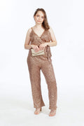Sequined rose gold jumpsuit with wrap bodice and wide-leg pants, front view – Art Kollocsion Auckland