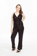 Black sequined jumpsuit with V-neckline and wide-leg pants – Art Kollocsion Auckland