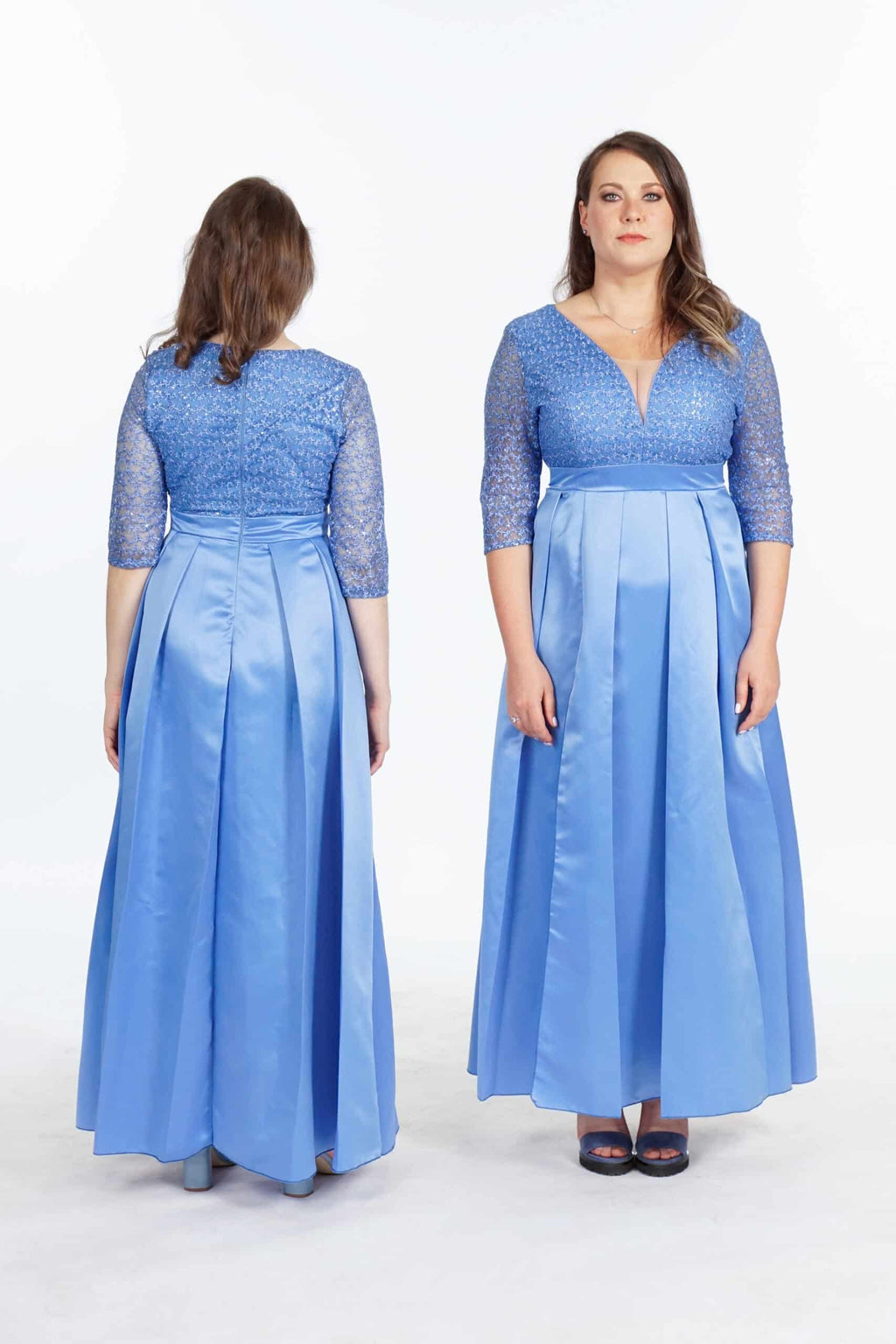 Back and front views of blue formal bridesmaids dress with beaded bodice, three-quarter sleeves, and structured pleated skirt