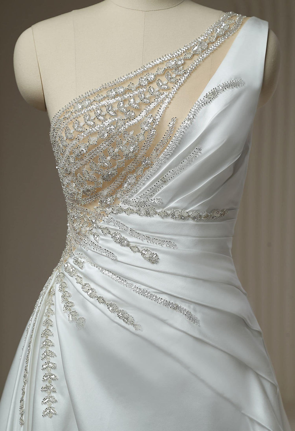 HW3171 satin wedding dress bodice close-up with intricate beadwork and ruched waist detail