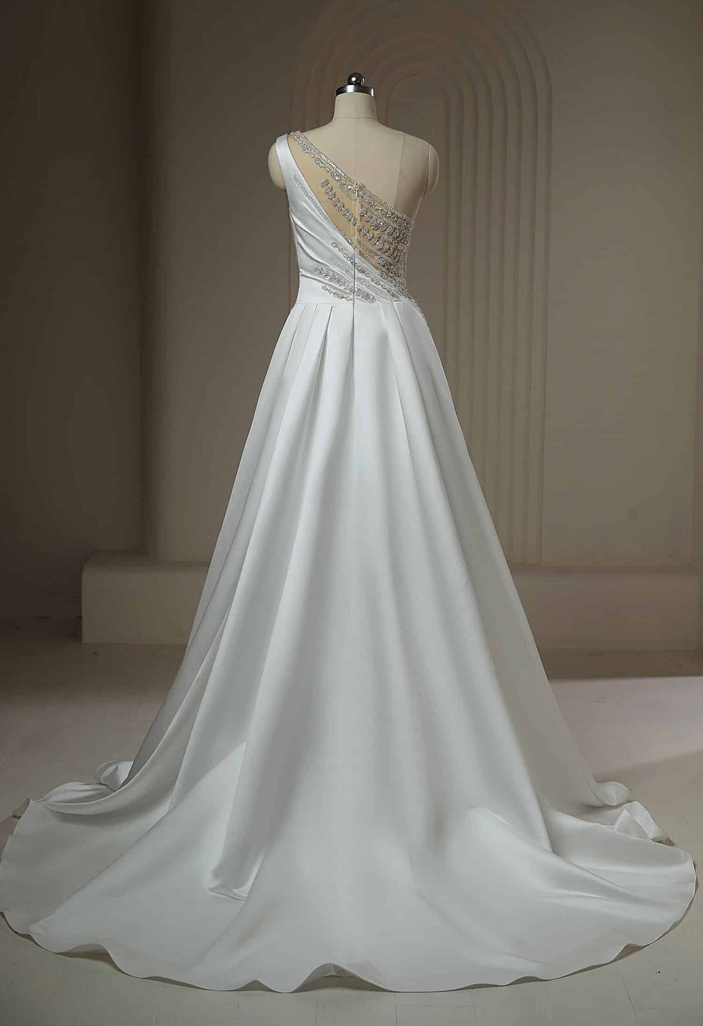 White satin A-line wedding dress back view with crystal beaded one-shoulder detail, HW3171 – Art Kollocsion Auckland