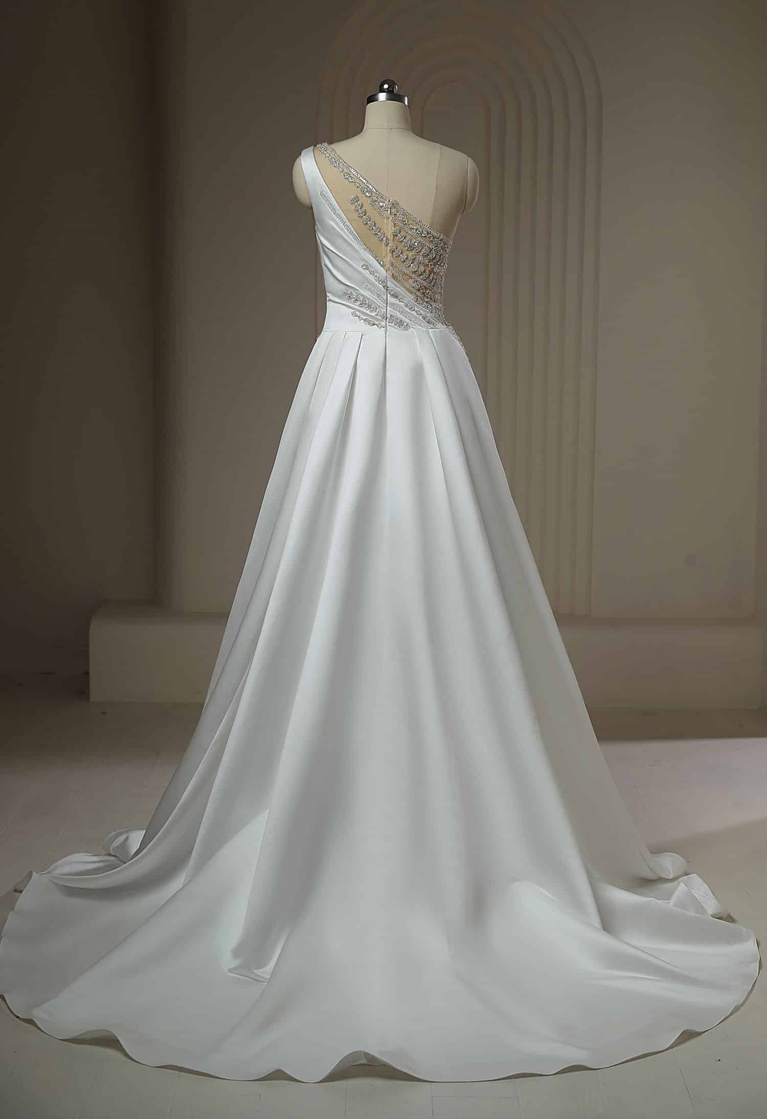 White satin A-line wedding dress back view with crystal beaded one-shoulder detail, HW3171 – Art Kollocsion Auckland