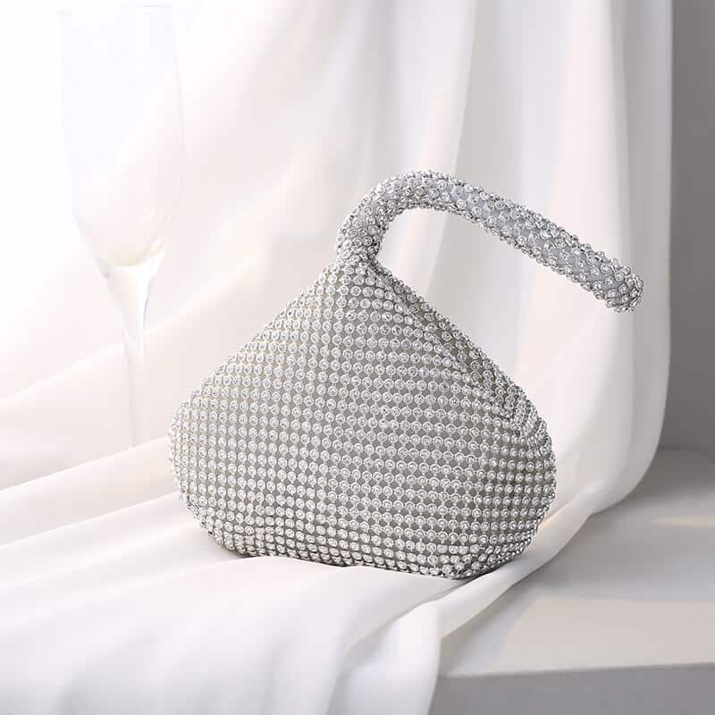 Silver rhinestone evening bag with beaded handle, front view – Art Kollocsion Auckland