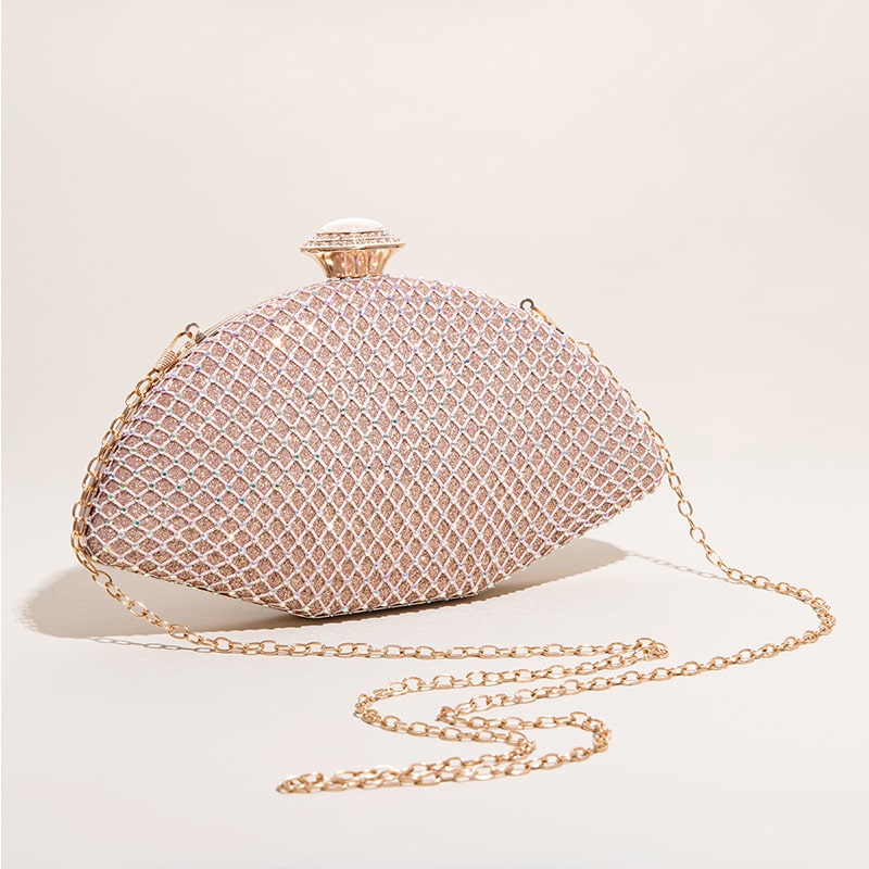 Rose gold rhinestone clutch with gold chain strap – Art Kollocsion Auckland