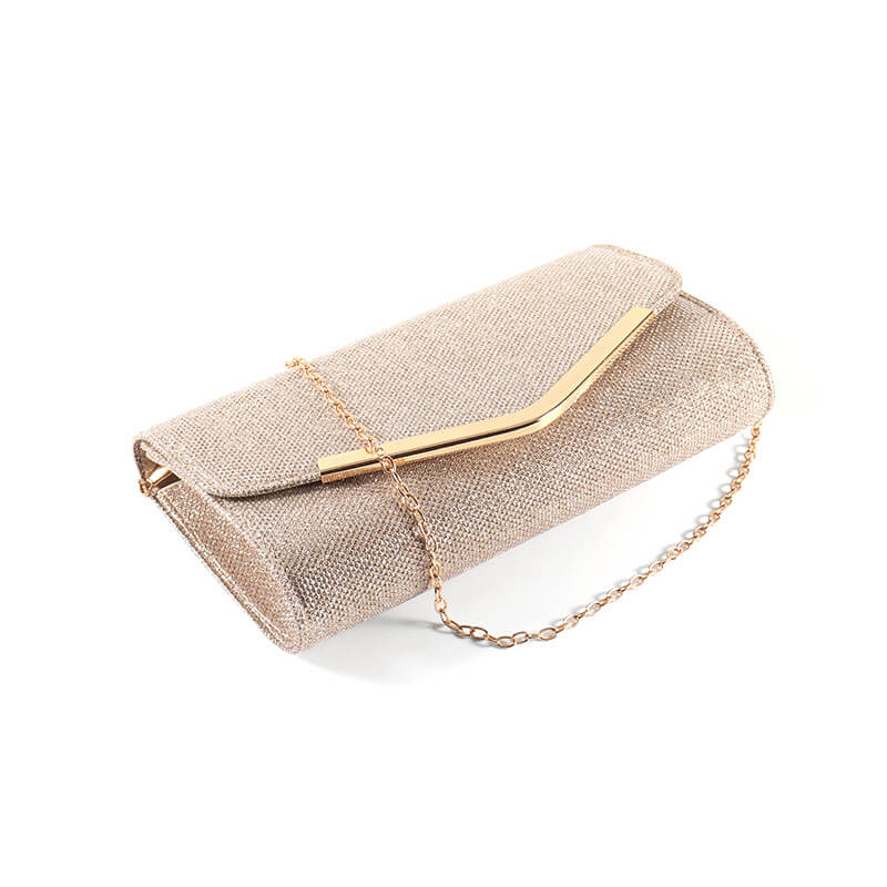 Light champagne glitter clutch with pleated texture and gold metal closure detail