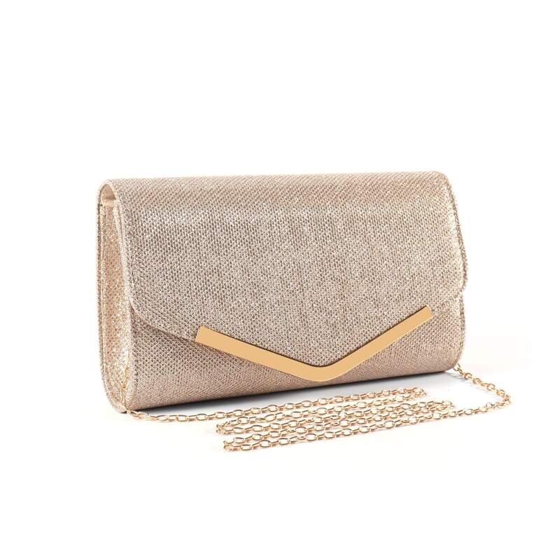 Champagne glitter clutch with gold metal frame and gold chain strap – Art Kollocsion Auckland