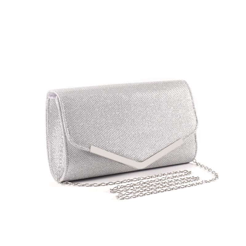 Silver glitter clutch with chain strap and metal V-accent – Art Kollocsion