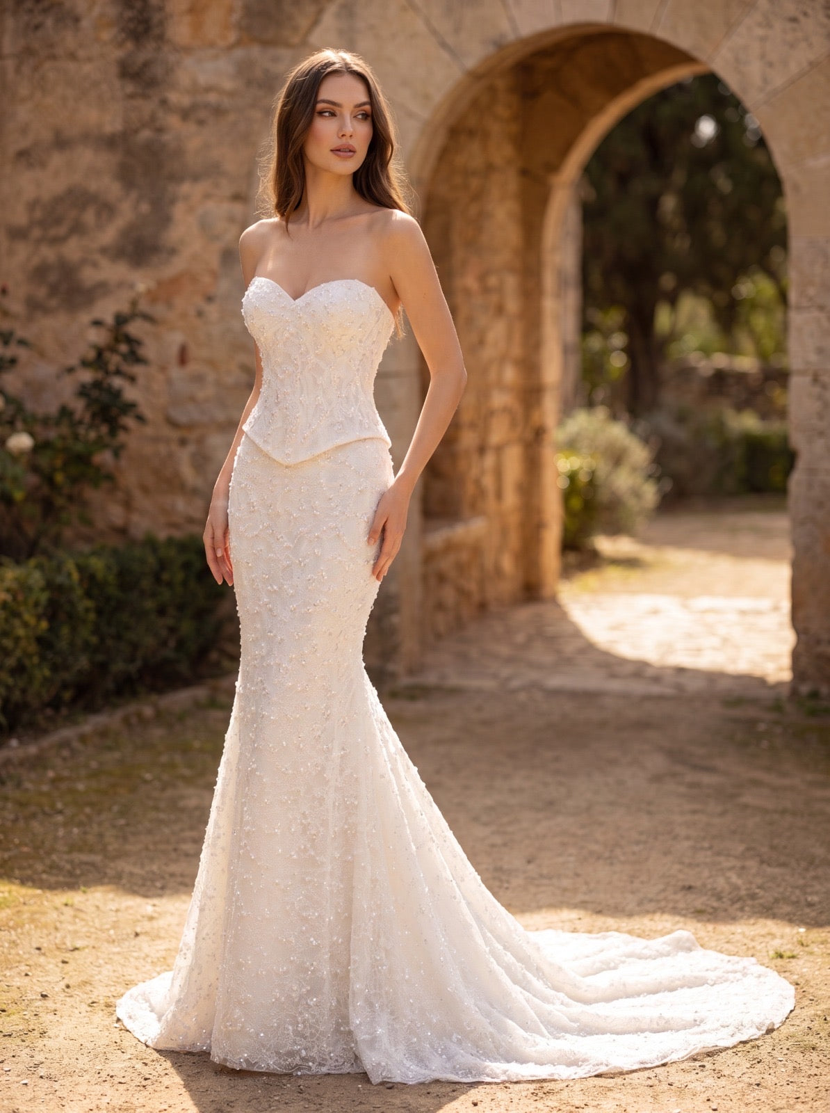 Ivory beaded mermaid wedding dress with sweetheart neckline, floral lace and long cathedral train