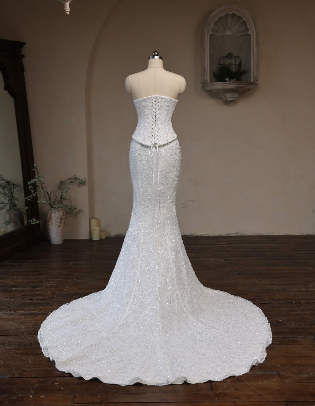 Beaded Lace Mermaid Wedding Dress with Sweetheart Neckline & Cathedral Train
