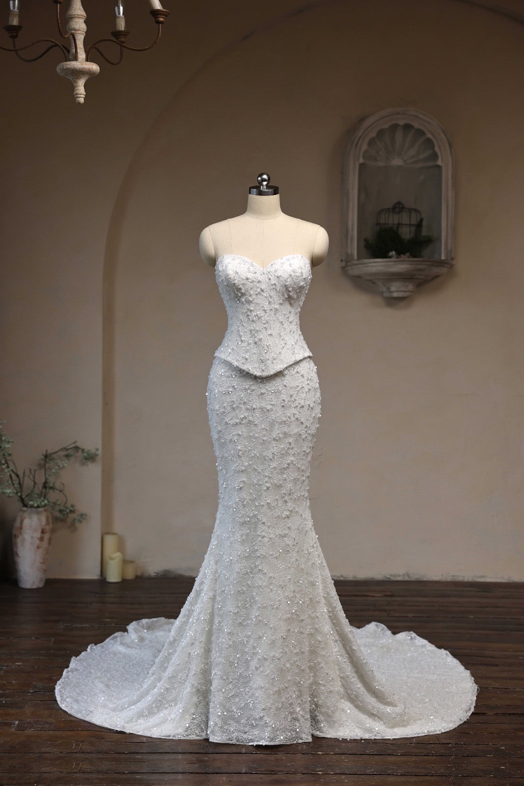 Beaded Lace Mermaid Wedding Dress with Sweetheart Neckline & Cathedral Train