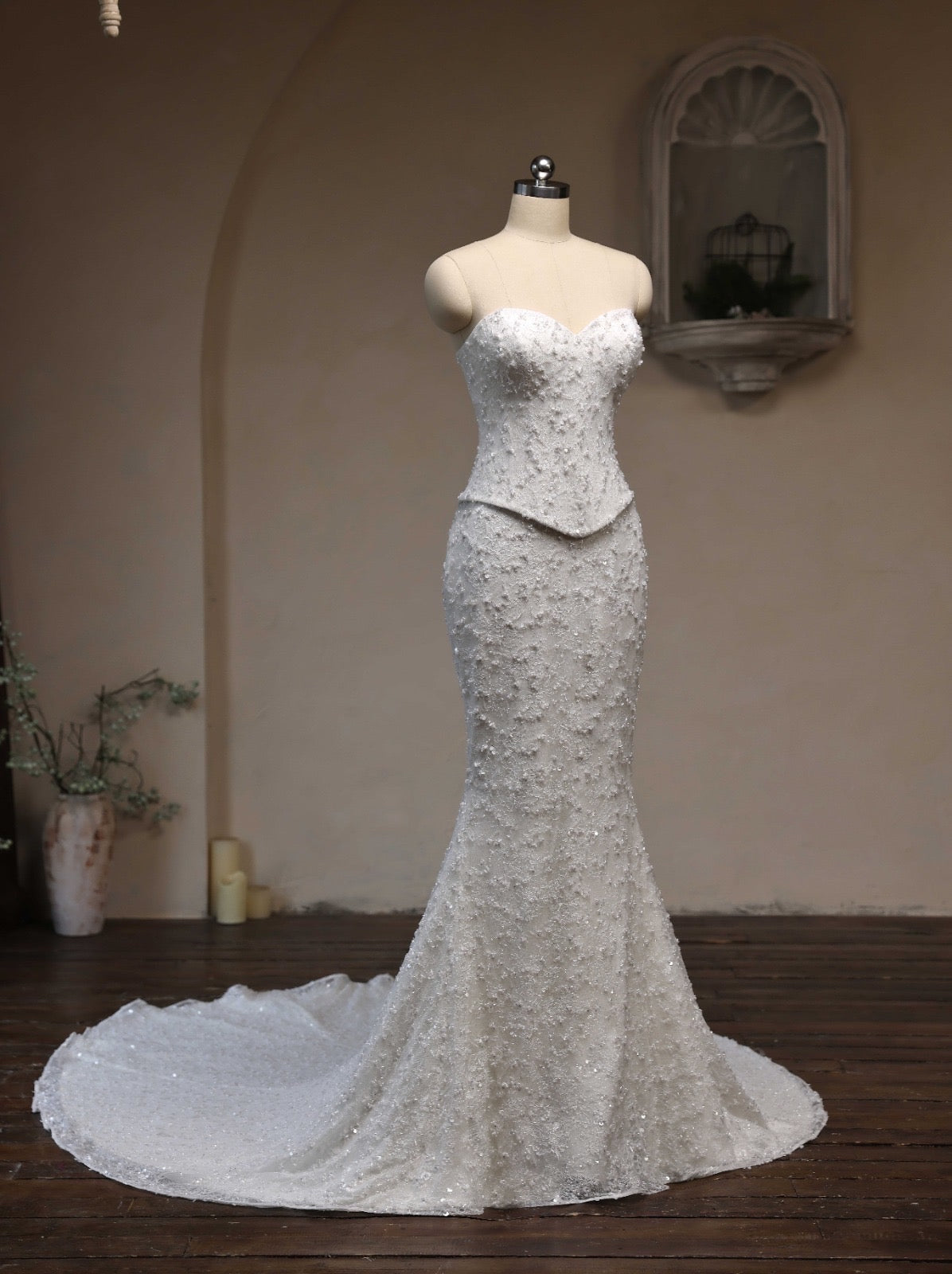 Beaded Lace Mermaid Wedding Dress with Sweetheart Neckline & Cathedral Train