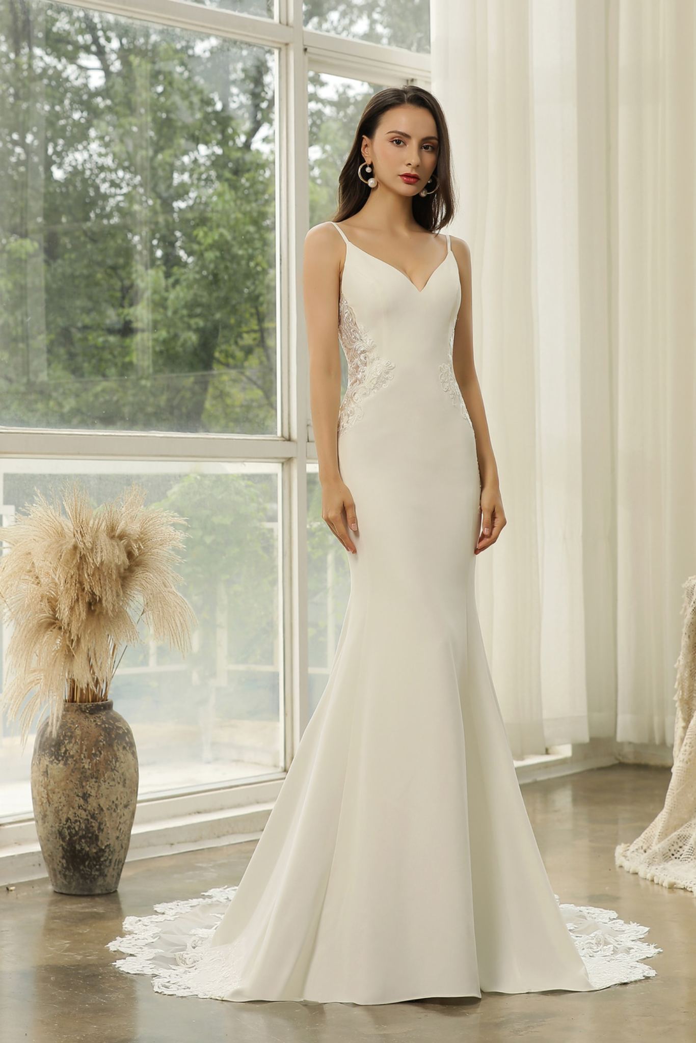 Ivory crepe fit and flare custom made wedding dress with V-neck, illusion lace sides and lace train – Art Kollocsion Auckland