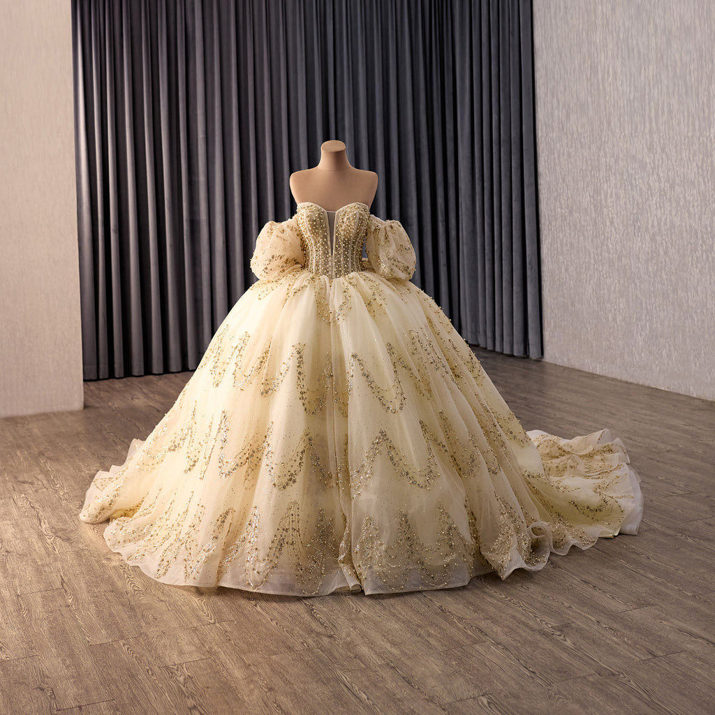 Champagne Gold Glitter Ball Gown with Detachable Puff Sleeves