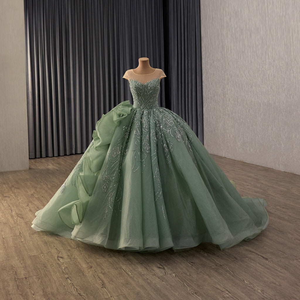 Green Corset Ballgown, Luxury Cinderella Wedding Dress, Rhinestones Embroidery,