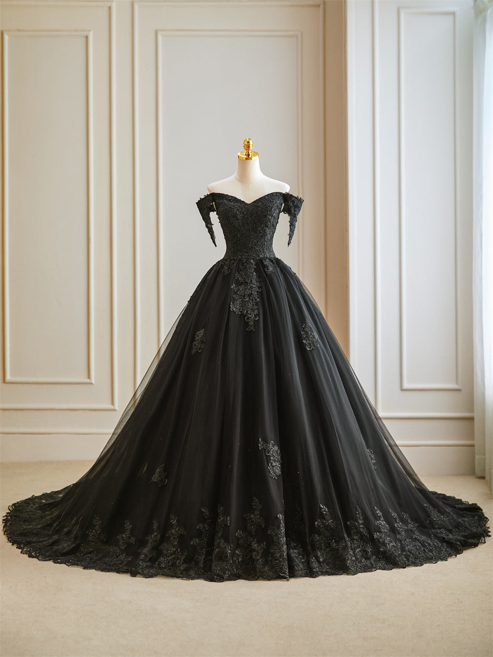 Black Ball Gown Gothic Wedding Dress Off The Shoulder