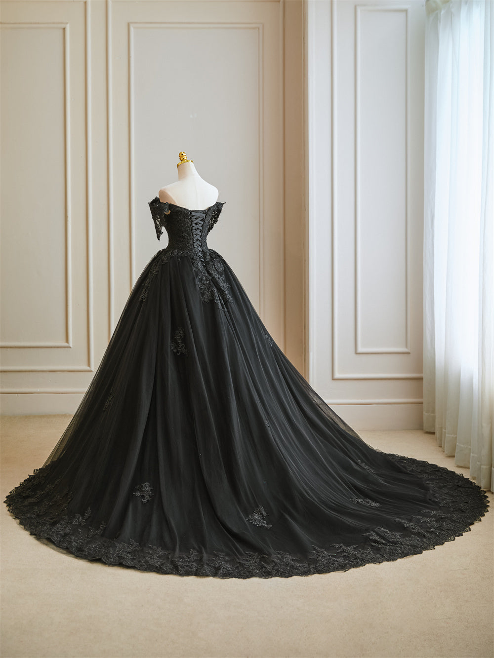 Black Ball Gown Gothic Wedding Dress Off The Shoulder
