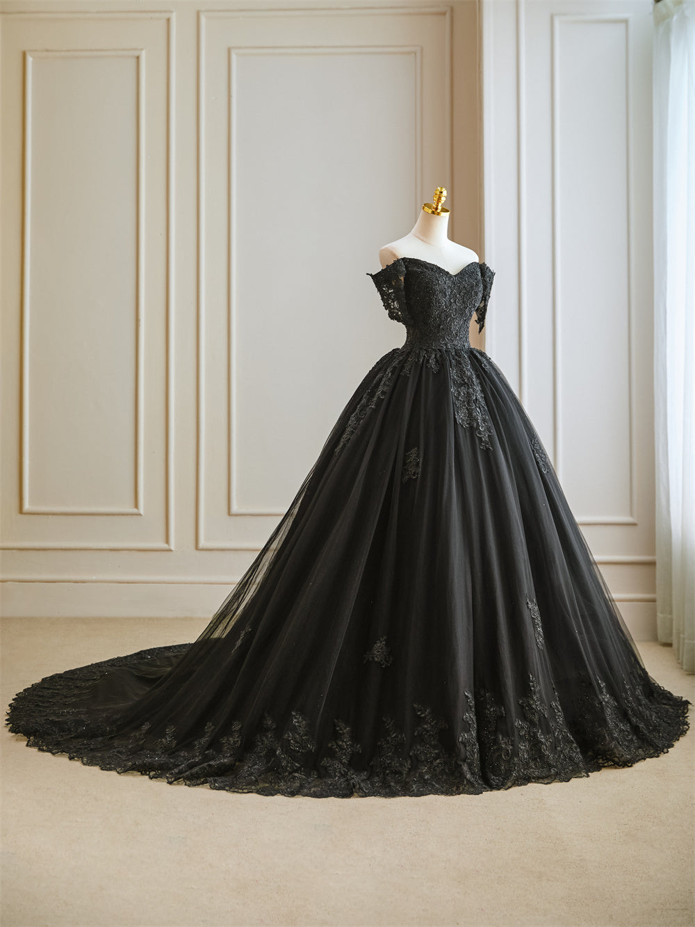 Black Ball Gown Gothic Wedding Dress Off The Shoulder