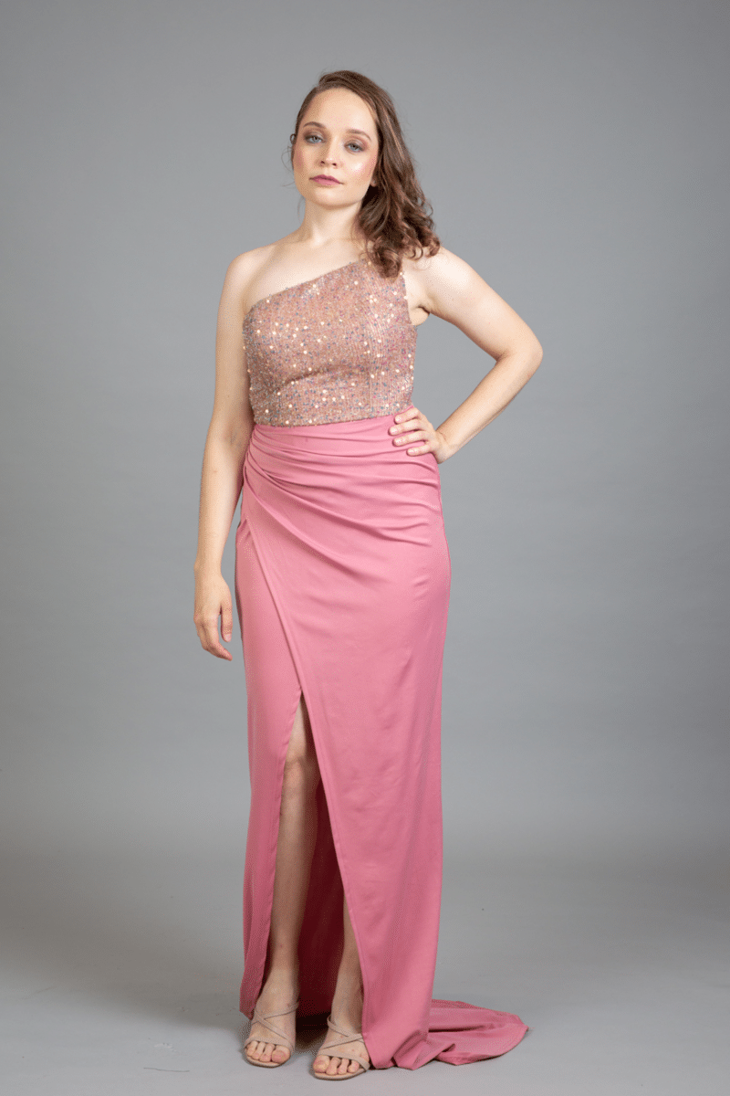 Crepe and Sequin Dress in dusty pink, one-shoulder sequin bodice, wrap skirt with slit – Art Kollocsion Auckland