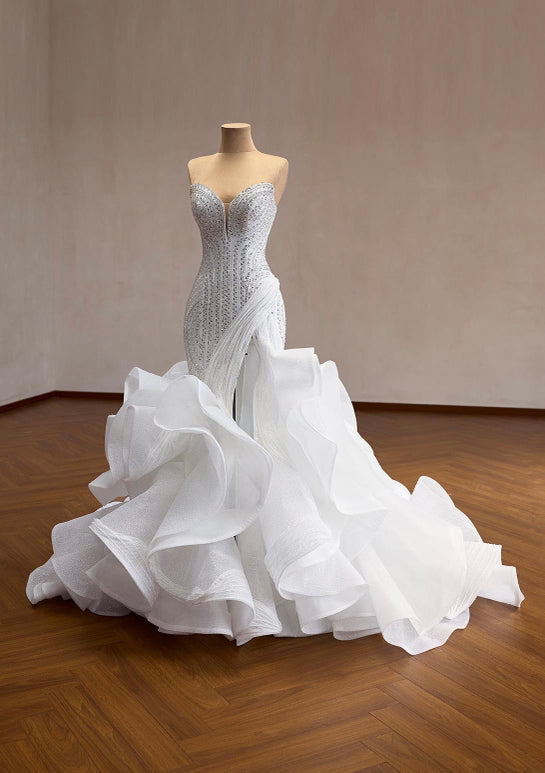 Mermaid Wedding Dress | Beaded Corset Gown, Organza Ruffle Train, Custom Bridal