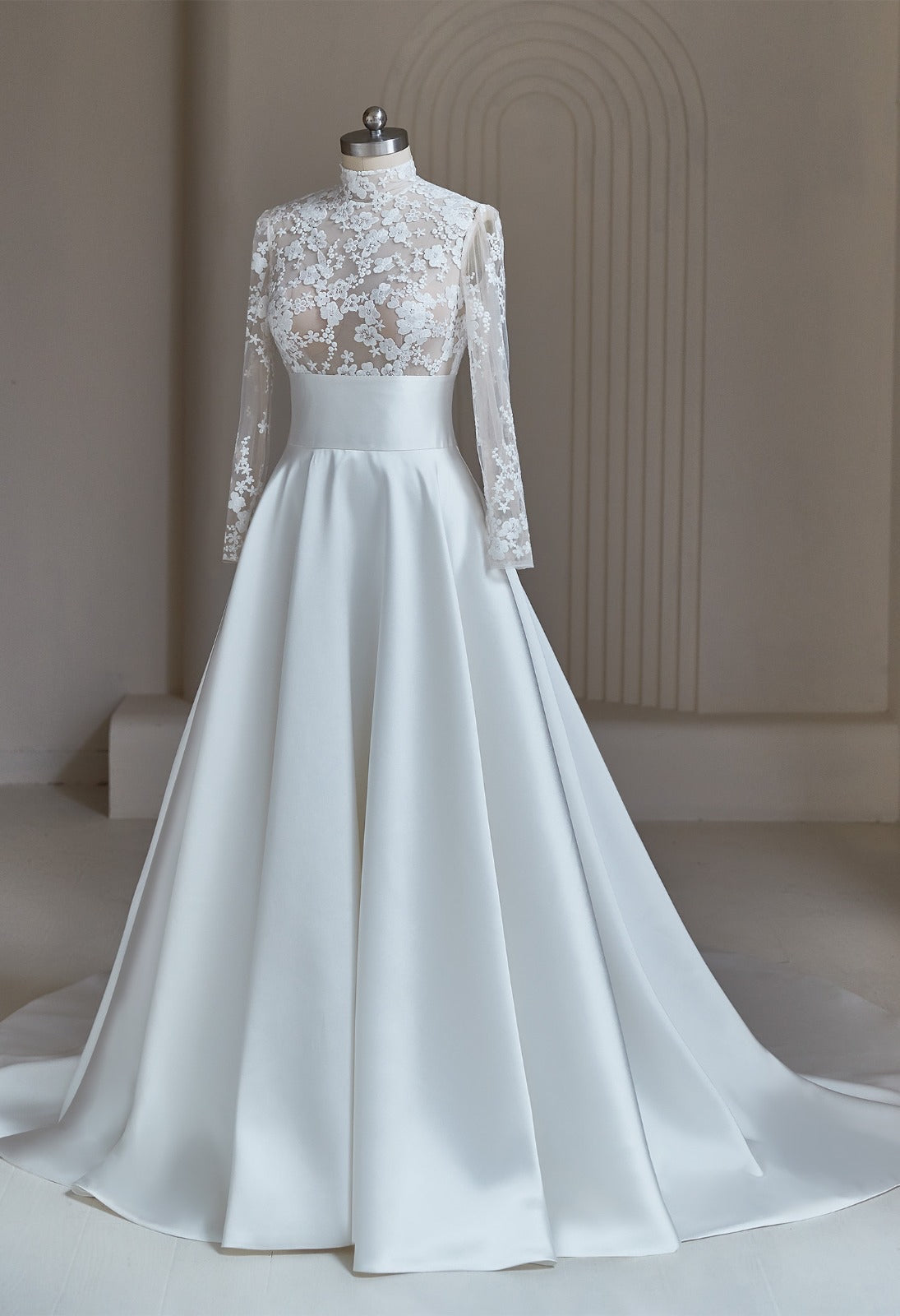 Timeless modest wedding dress for church wedding - A-line silhouette with high neckline