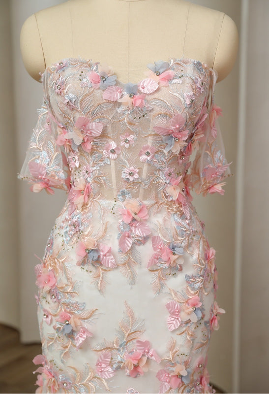 Colourful Floral Wedding dress Mermaid Coloured Cathedral  Embroidery With Petal Train, Non traditional Gown