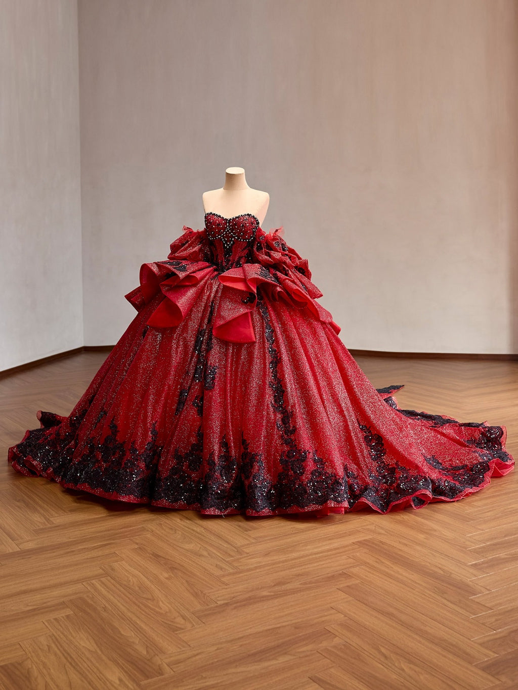 Red Glitter Ball Gown with Black Lace | Corset Sweetheart Wedding & Prom Dress