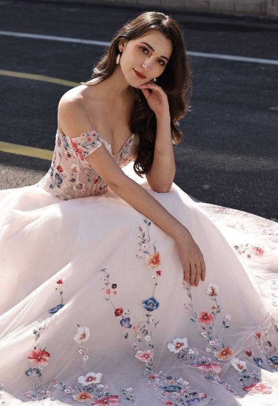 Blush Pink Elegant Bridal Gown- Colorful Lace Wedding Dress With Off-Shoulder Sleeves