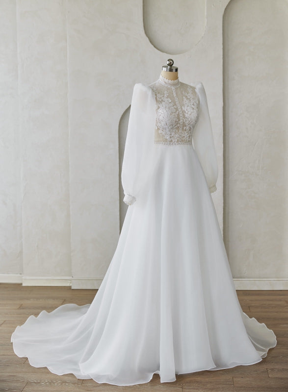 High-Neck Lace Wedding Dress with Chiffon Skirt & Puff Sleeves
