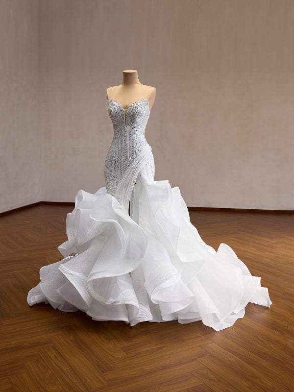 Mermaid Wedding Dress | Beaded Corset Gown, Organza Ruffle Train, Custom Bridal