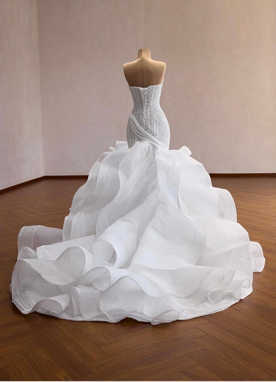 Mermaid Wedding Dress | Beaded Corset Gown, Organza Ruffle Train, Custom Bridal
