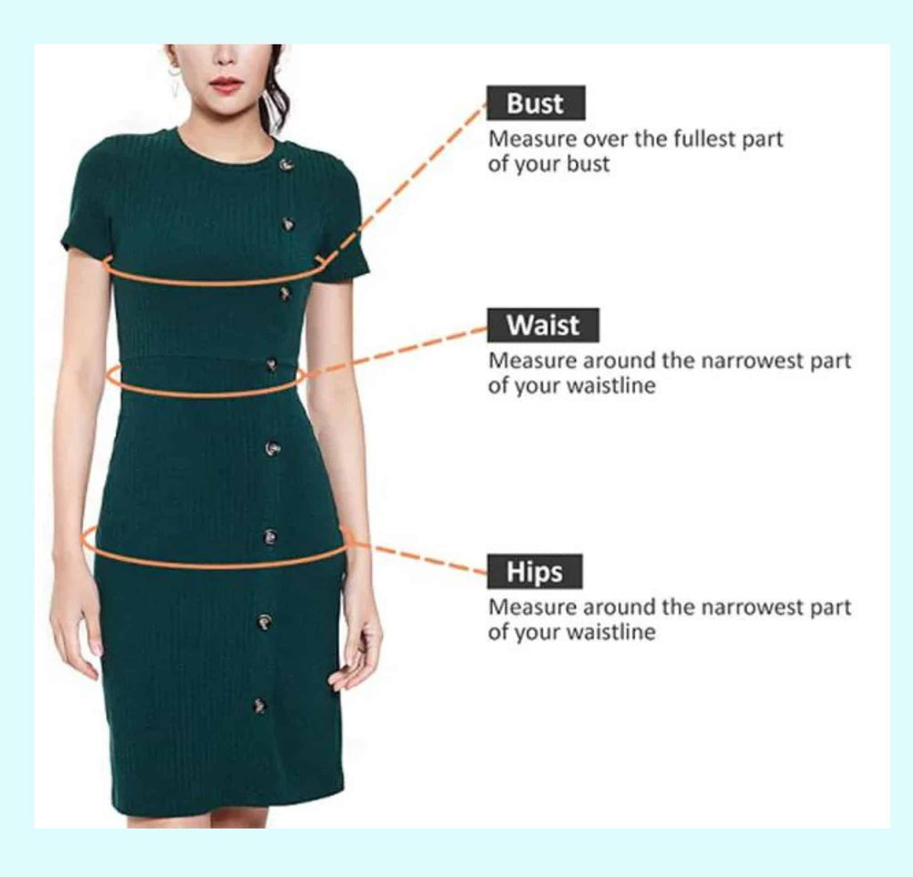 Size chart with bust, waist, and hip measurement points