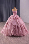 Custom made pink ball gown with sweetheart neckline and beaded petal-layered skirt, front view – Art Kollocsion Auckland