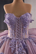 Close-up of purple custom made dress corset bodice with lace-up front and 3D floral appliqué – Art Kollocsion Auckland