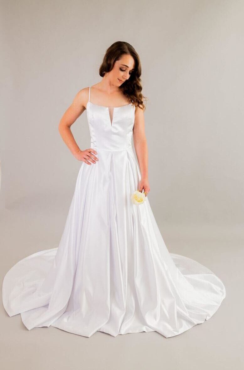 Satin Deep V-neckline Wedding Gown with buttons