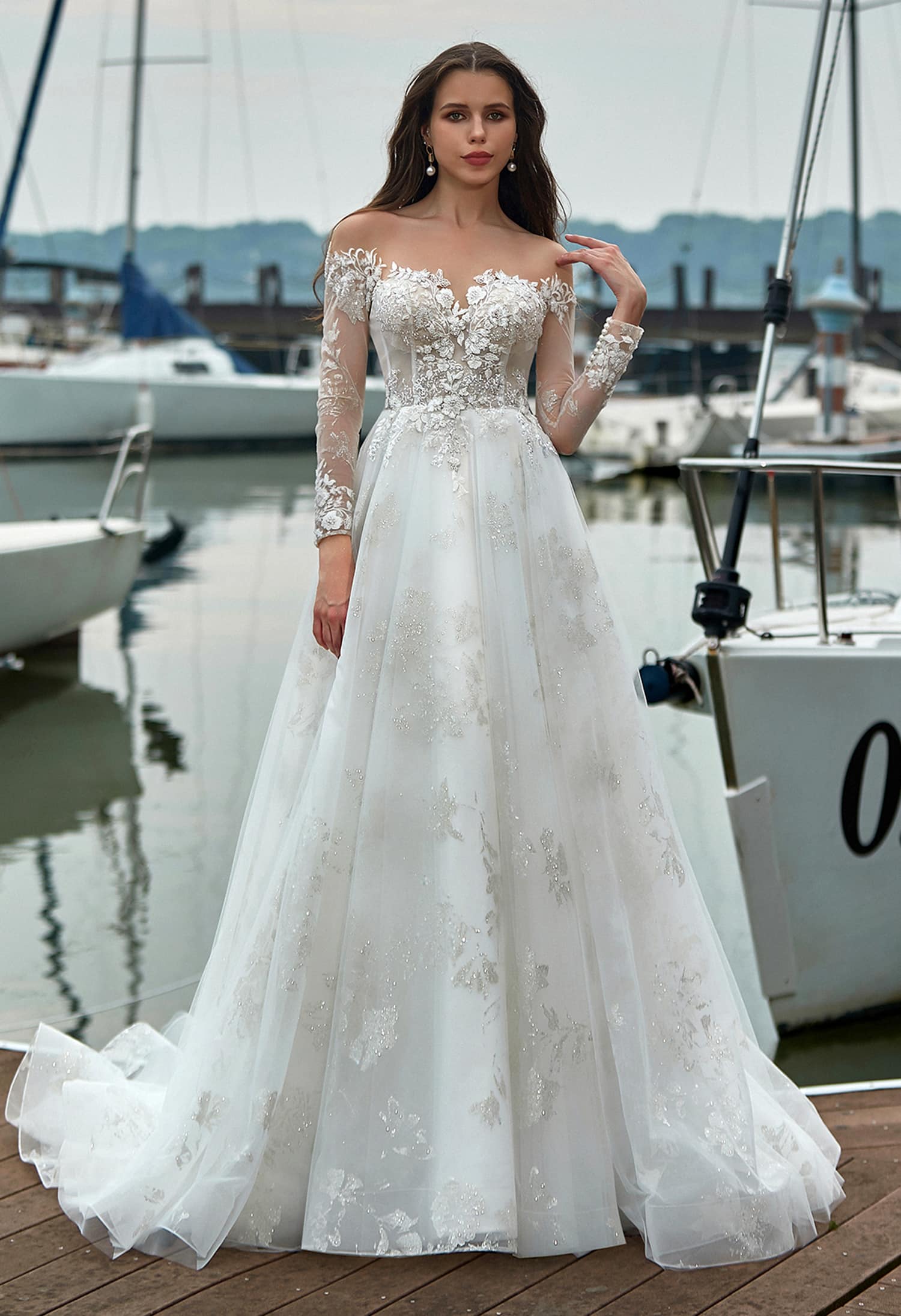 A-line Shimmer Grace Long Sleeves Wedding Dress